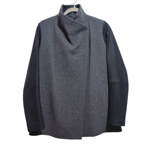 Theory Naomo Leather-Sleeve Felt Coat Size Small Gray Black Mixed Media S - Picture 3 of 16